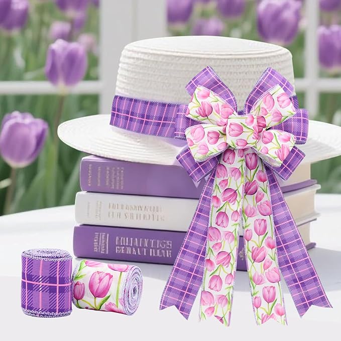 2 Rolls Purple Tulip Wired Ribbon - 2.5 Inch Wide, 10 Yards Total, Elegant Tulip Floral for Wedding Decor, DIY Crafts, Gift Wrapping - Spring-Themed Purple Wired Edge Ribbon