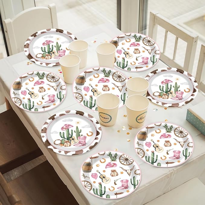 Naozinebi 50pcs Western Cowgirl Party Paper Plates Cowgirl Party Decorations for Girls Pink Western Theme Dessert Plates Wild West Cow Print Tableware Decor for Baby Shower Rodeo Birthday Serves 50
