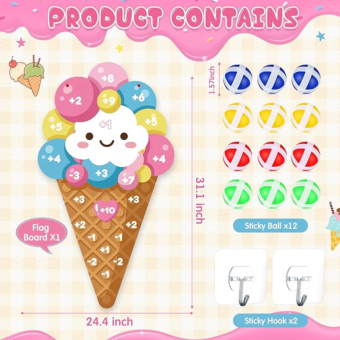 Seenelling Ice Cream Party Game 26 x 14 Ice Cream Dart Board with 12 Sticky Balls Toys Summer Games Two Sweet Birthday Decorations Three Scoops of Fun Birthday Decor Party Favors