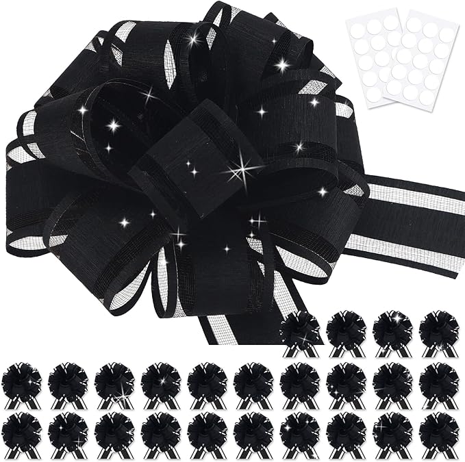 24pcs Black Pull Bow for Gift Basket Wrapping Xmas Gift Bows Presents Adhesive Wrap Ribbon Bow for Christmas Tree Ornament Wine Bottles Bouquet Flower Valentine's Day Party Decor (Black-G)