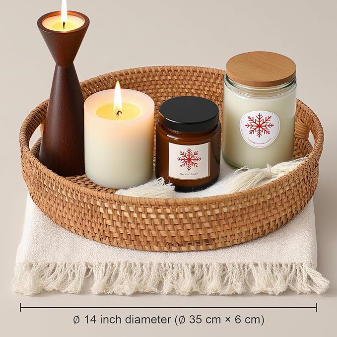 Round Rattan Serving Tray, Natural Wicker Decorative Tray for Serving, Fruit/Bread Serving Basket, Round Woven Tray with Handles.(Large:14inch)
