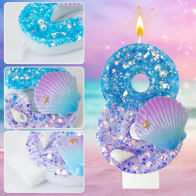 Blue and Purple Birthday Candles, 8th Birthday Cake Decoration, Cupcake Candles，Suitable for Mermaid Theme Party Cake Decoration (8)