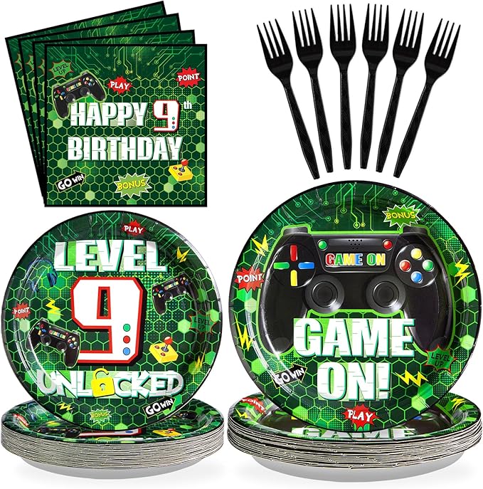 Grencian 96 Pcs 9th Video Game Birthday Party Decorations Green Video Game Level 9 Birthday Plates and Napkins Tableware Sets for Kids Boys 9 Years Old Gamer Gaming Party Supplies Favors Serves 24
