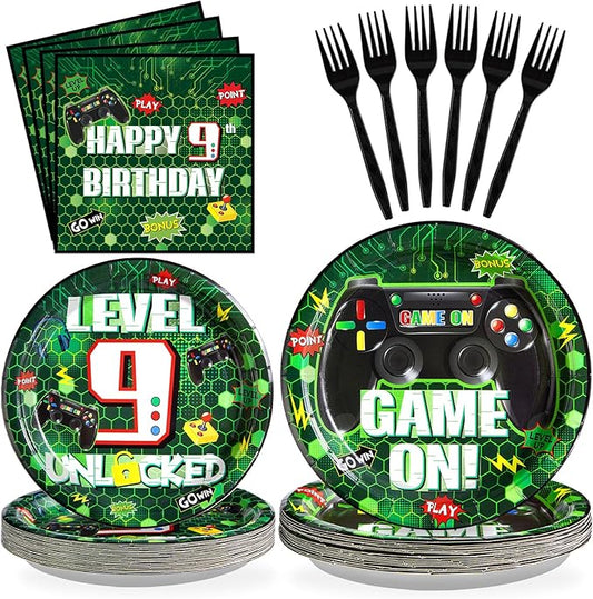 Grencian 96 Pcs 9th Video Game Birthday Party Decorations Green Video Game Level 9 Birthday Plates and Napkins Tableware Sets for Kids Boys 9 Years Old Gamer Gaming Party Supplies Favors Serves 24