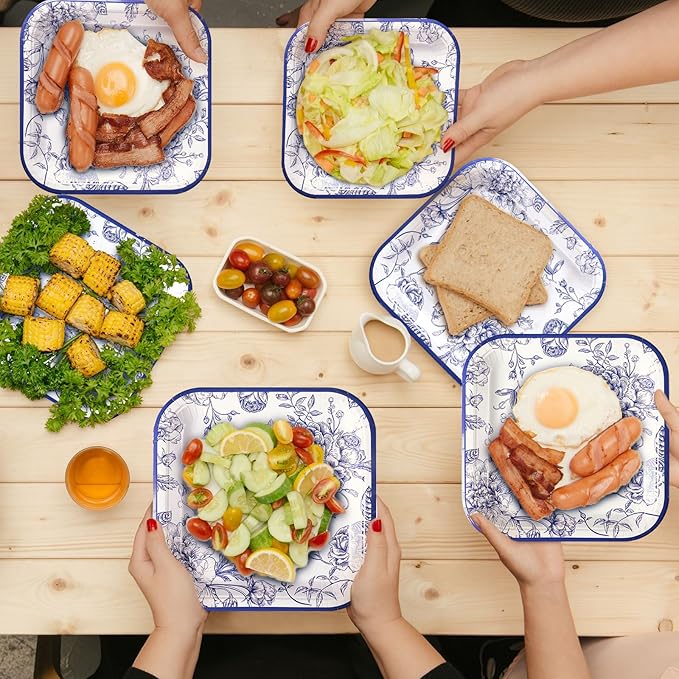 Umigy 100 Pcs Paper Plates Flower Dinner 9'' Floral Disposable Paper Plates 7'' Square Dessert Set for Dinner Birthday Wedding Baby Shower Party Tableware(Blue,Flower)