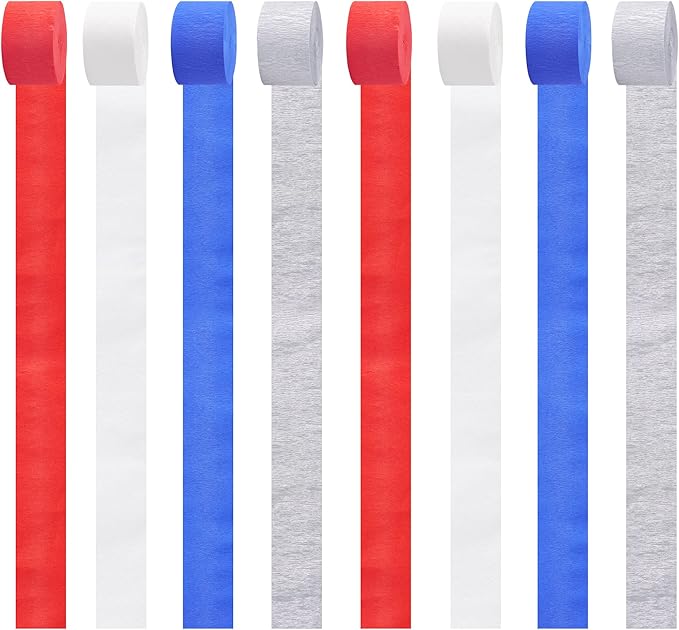 Crepe Paper Streamers 8 Rolls 656ft, Red White Blue Silver Streamer Tassels Patriotic Decorations for Memorial Day Fourth of July Independence Day American Theme Party