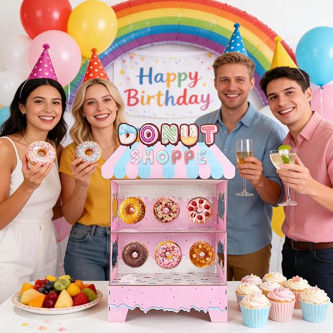 Donut Stand Birthday Party Decorations 3 Tier Sweet Candy Cupcake Holder Lollipop Ice Cream Dessert Table Decor for Girls Themed Birthday Party Supplies