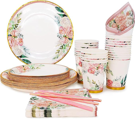 Boosolo Floral Party Supplies paper plates and Napkins Sets for 24 Guest-Include Floral Disposable Paper Plates,Cups,Napkin forr Bridal Shower,Birthday,Wedding,Bachelorette party Supplies