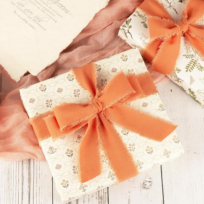 Burnt Orange Cotton Ribbon 1 Inch Burnt Orange 3 Rolls 21 Yards Frayed Edge Fabric Set for Wedding Decor, Bridal Bouquet Wrap, Baby Shower, Gift Wrapping, Fall Decor & Halloween Party