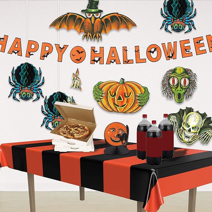 Beistle Orange & Black Stripes Tablecovers, 54” x 108”, 2 Pieces – Plastic Table Cloth, Rectangular Tablecloth, Holiday Tablecloth, Halloween Plastic Tablecloth, Halloween Decorations