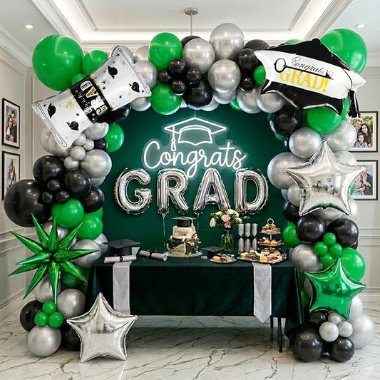Black green and Silver Balloon Garland Arch Kit 130+ Pieces with green and Silver Stars, Graduation Certificate Graduation Cap GRAD Letters Mylar Balloons for 2025 Graduation Prom Decorations