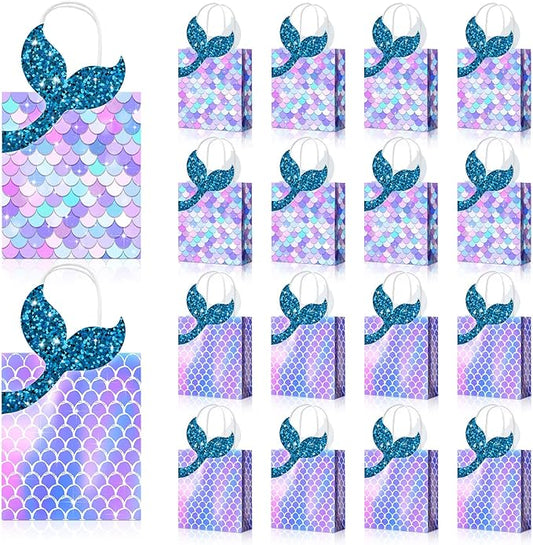 Leinuosen 16 Pcs Mermaid Party Favor Bags Mermaid Gift paper Bags with Handles Princess Theme Birthday Decoration Treat Candy wrap packs for Baby Shower Birthday Pool Party Supplies