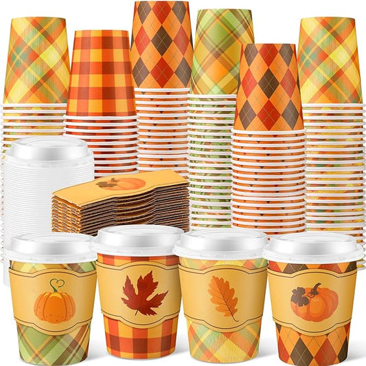 Mimorou 100 Pcs Christmas Disposable Coffee Cups with Lids and Sleeves Bulk 8oz Paper Cup Xmas Cups for Coffee Hot Cocoa Bar Party Decoration Supplies (Warm Style)
