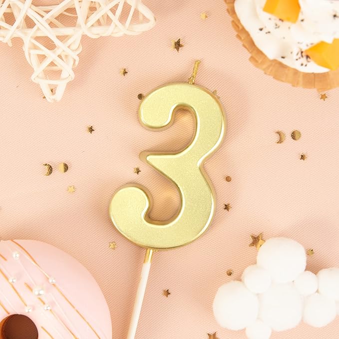 PHD CAKE 2.76 Inch Modern Gold 3 Number Birthday Candles, Gold Number Candles, Cake Number Candles, Party Celebration