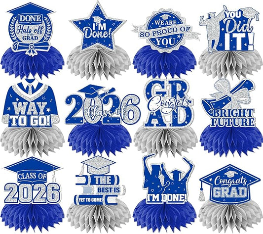 12pcs Graduation Table Decorations 2026,Silver and Blue Graduation Decorations 2026 Graduation Centerpieces for Tables,Class of 2026 Centerpieces Honeycomb for Congrats Grad Table Decor