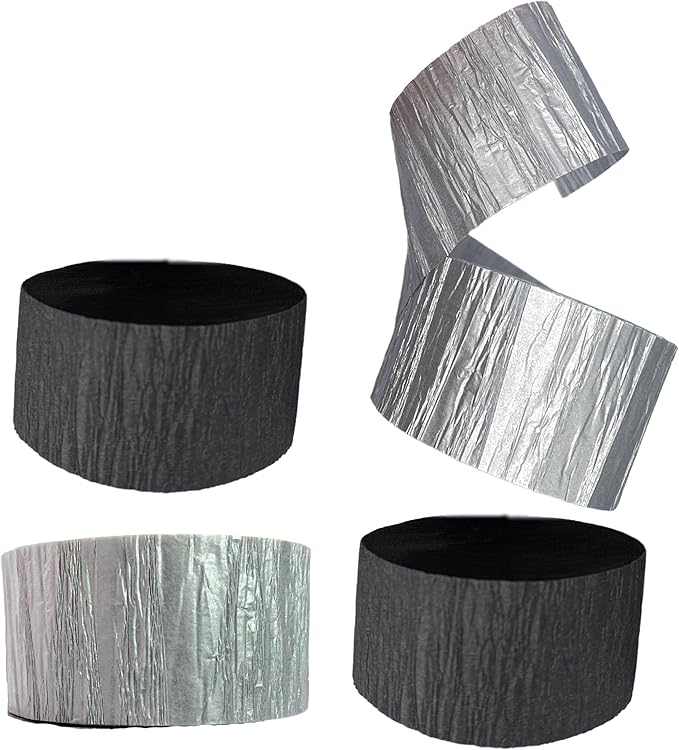 Black and Metallic Silver Crepe Paper Streamers, 4 Rolls Total, Made in USA