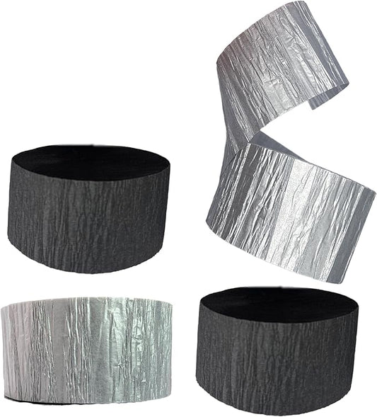 Black and Metallic Silver Crepe Paper Streamers, 4 Rolls Total, Made in USA