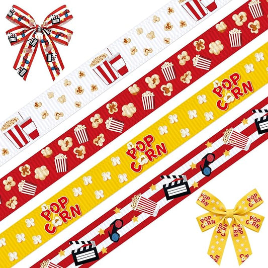 4 Rolls Popcorn Grosgrain Ribbons, 5/8" x 20 Yard Popcorn Printed Ribbon Movie Theater Decor Ribbon Red Yellow Cinema Theme Craft Ribbons for Party Favor Snack Treat Bags Gift Packaging