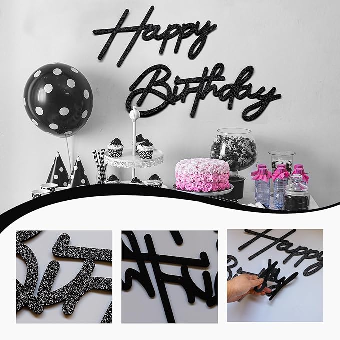Black Happy Birthday Felt Sign for Backdrop - Glitter Black Happy Birthday Letters Signs Remove for Balloon Arch Party Large Happy Birthday Sings for Baby Girl Women Party Baby Shower Decorations