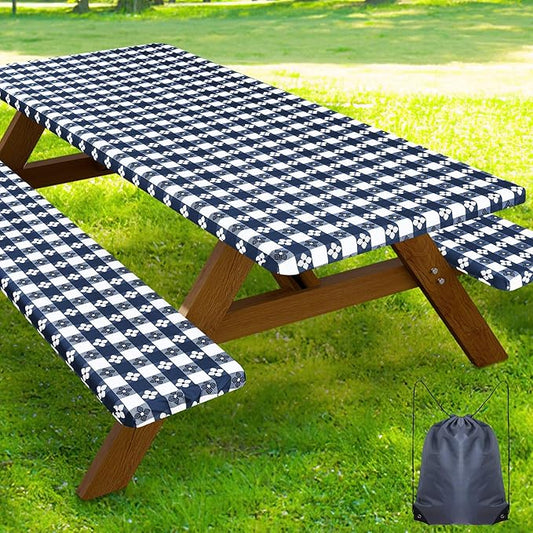 Smiry Picnic Table Cover with Bench Covers, Waterproof Elastic Fitted Tablecloth for 5 Foot Tables, Washable Polyester Tablecloths for Camping & Indoor (Dark Blue & White, 30x60 Inch 3-pc Set)