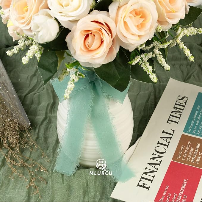 Dusty Green Chiffon Ribbon - 1 Inch x 21 Yards, Handmade Fringe, Silk, Boho Frayed, Gift Wrapping, Wedding Invitation, Bridal Flower Bouquets