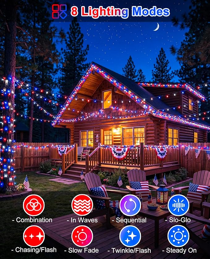 Red White and Blue String Lights, 80FT 240 LED 4th of July Lights Waterproof, Plug in 8 Modes Connectable Patriotic Fairy Light for Independence Day Indoor Patio Tree Party Decorations