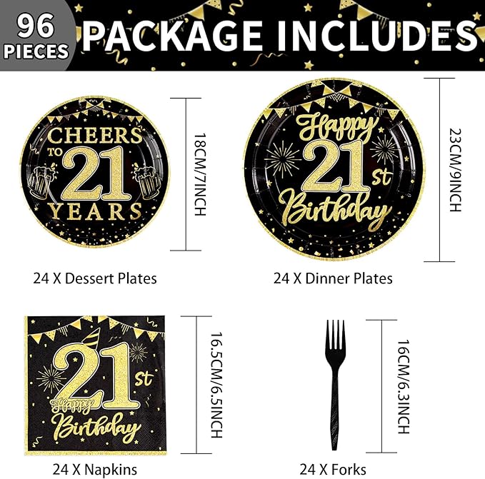 96 Pcs 21st Birthday Party Supplies 350 GSM Black and Gold Happy 21st Birthday Plates and Napkins Disposable Cheers to 21 Years Paper Tableware Set 21st Birthday Decorations for Him Men Serves 24