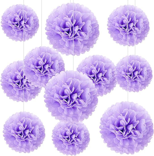 20 PCS Light Purple Tissue Paper Pom Poms Flowers, Sizes 6", 10", 12", 14" Hanging Paper Flower Ball for Wedding, Birthday, Halloween, Christmas, Baby Shower Party Decor