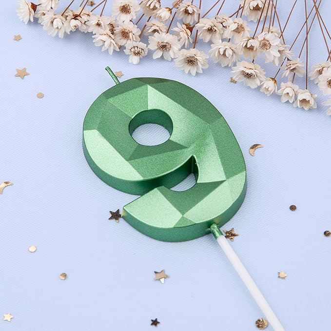 PHD CAKE 2.76 Inch Crystal Green 9 Number Cake Candle, Numeral Birthday Candles, Green Number Candles, Party Celebration