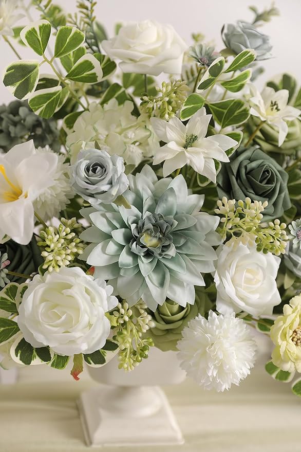 Artificial Flowers Combo Forest Green Silk Fake Flower for DIY Wedding Bridal Bouquets Floral Arrangement Birthday Cake for Table Centerpieces Baby Shower Anniversary Party Home Decor