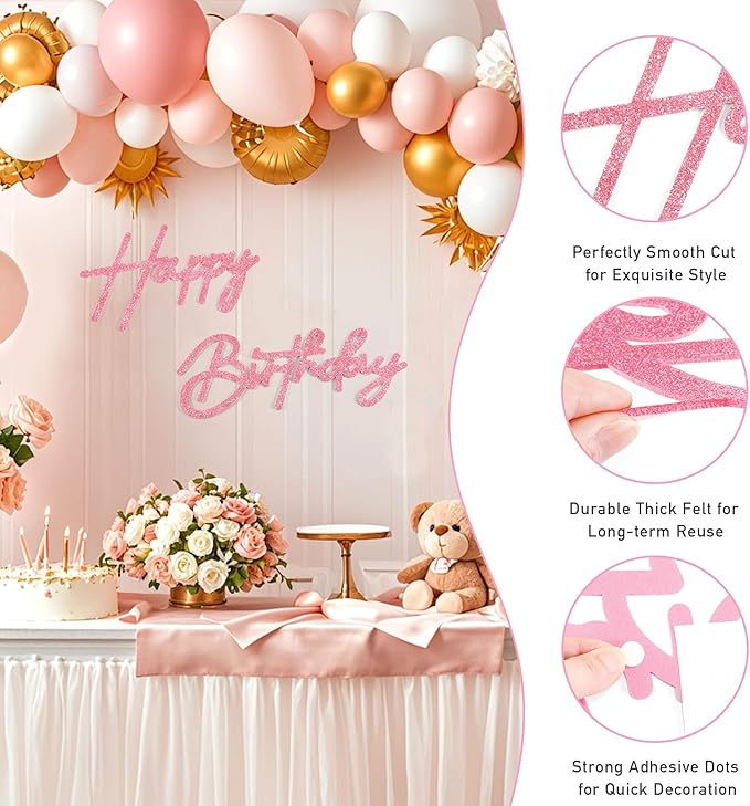 CANREVEL Happy Birthday Sign for Backdrop, Glitter Felt Pink Happy Birthday Banner, Pink Birthday Party Decorations for Girl Boy Women Men, Wall Decor Balloon Arch Photo Prop