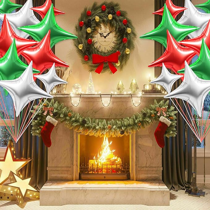TONIFUL 30Pcs 26In&10In Star Balloons Red Green Silver Four Pointed Foil Mini Star Mylar Balloons for Halloween Chrismas Birthday Wedding Baby Shower Anniversary Engagement Party Decor Supplies