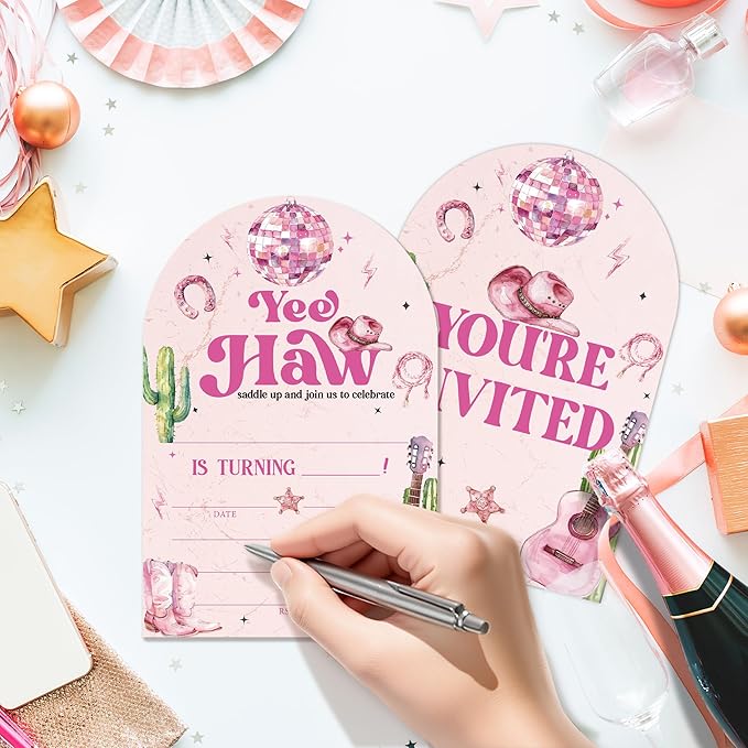 Retro Disco Birthday Party Invitations, Pink Cowboy Theme Birthday Invitation for Girls, 20 Pink Dance Disco Invitations Cards with Envelopes, Party Decorations Supplies (arch)