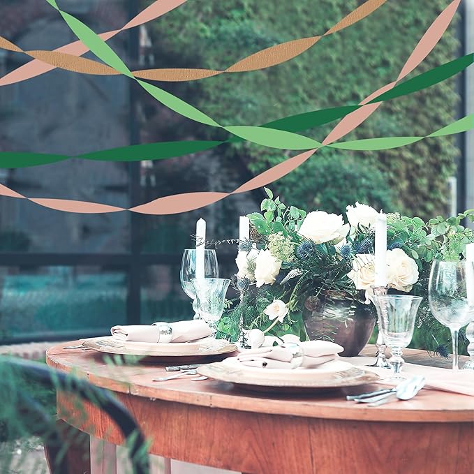 8 Rolls Crepe Paper Streamers, Rose Gold and Green Streamers Party Decorations for Birthday Baby Shower Wedding Bachelorette Party Bridal Shower Engagement Woodland Safari Spring