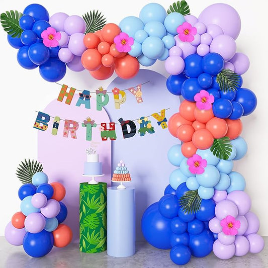 Stich 131Pcs Balloon Birthday Party Decorations - Blue Purple Arch Kit with Happy Birthday Banner, Palm Leaves, Flowers for Kids, Baby Shower, Tropical Party Supplies