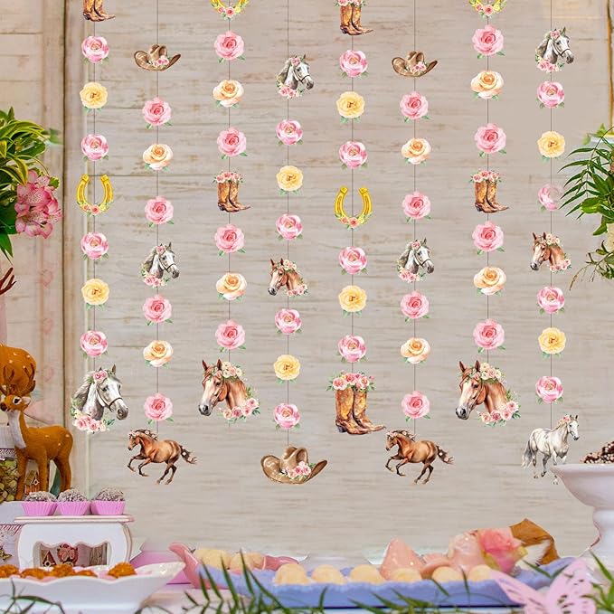 Daifunli 8 Pcs Cowgirl Party Decorations Pink Girl Horse First Birthday Hanging Garlands Watercolor Floral Rose Western Horse Paper Cutouts Streamers for Wild West Cowgirl Baby Shower Party Supplies