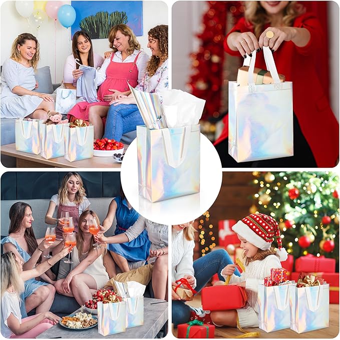 GouZaak 30 Pack Iridescent Gift Bags, Holographic Reusable Gift Bags With White Handles And 2 Style Tissue Paper, 8 x 4 x 10 Inch Medium Size, Iridescent Party Favor Bags For Wedding Birthday Holiday