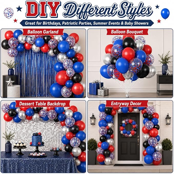 Red and Blue Balloons, 60PCS Blue Red Balloon Set, 12 Inch Patriotic Latex Metallic Confetti Balloons for Independence Day 4th of July Birthday Graduation Memorial Day Party Decor