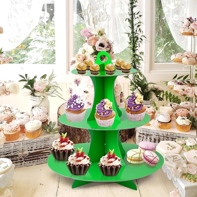 Soleebee 3-Tier Round Cupcake Stand, Cardboard Cupcake Tower, Dessert Cup Cake Stand Tower for Birthday Wedding Party Decoration, Cupcake Tier Stand 2 Set (Green)