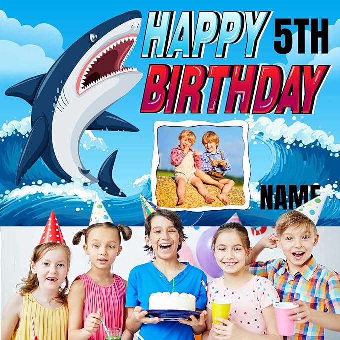 Dicodes Custom Shark Happy Birthday Party Decorations Supplies Personalized Shark Ocean Themed Birthday Backdrop Banner