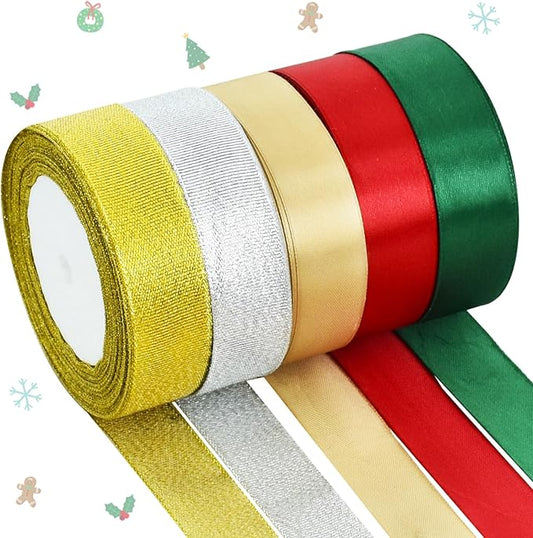 TONIFUL 5 Colors Christmas Ribbon 1 Inch x 125 yds Solid Glitter Satin Ribbon Set for Crafts Gifts Wrapping Ornaments Hanging Christmas Tree Decorations