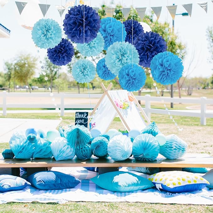 18 PCS Tissue Paper Pom Poms Flowers, Sizes 6", 10", 12", 14" Hanging Paper Flower Ball for Wedding, Birthday, Halloween, Christmas, Baby Shower Party Decor (Blue Royal Blue)