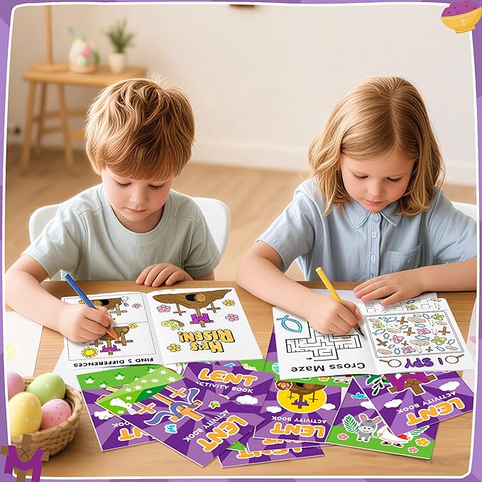 Easter Lent Activity Books for Kids - 24Pcs Christian Lent Mini DIY Games Coloring Book Set Bulk Mazes Word Search Word Scramble Games for Sunday School Classroom Easter Spring Holiday Party Favors