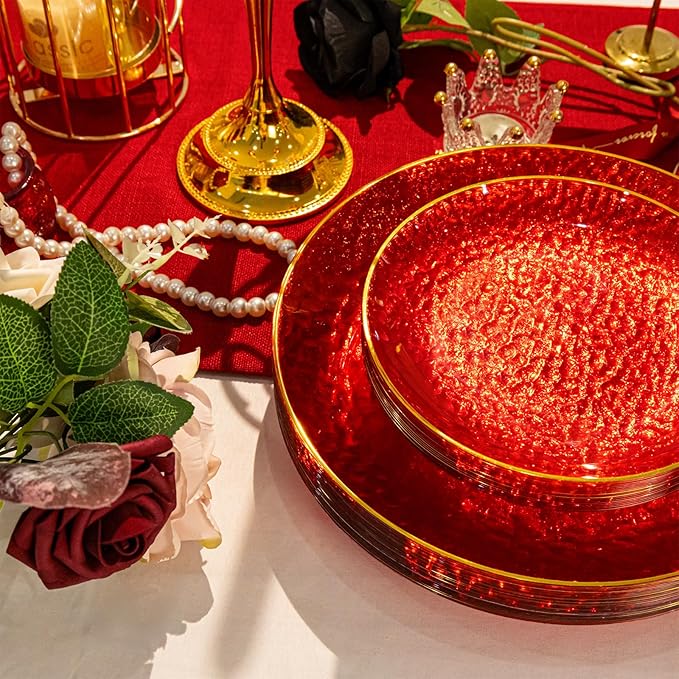 Rubtlamp 175 Pcs Plastic Dinnerware Set (25 Guests), Red And Gold Plastic Plates, Hammered Party Plates Set Include Dinner Plates, Dessert Plates, Cups, Cutlery Set And Napkins for Wedding And Party