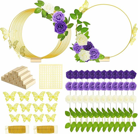 Vercraft 12 Set Butterfly Metal Floral Hoop Table Centerpieces, Metal Ring with 3D Butterfly Decor, PE Foam Flower, Adhesive Dot, Gold Wires for DIY Wedding Party (White, Purple, Purple,Round)