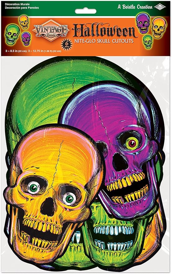 Beistle 1456 Vintage Halloween Nite-Glo Skull Cutouts, 12 Piece, 8.5" & 12.75", Multicolored