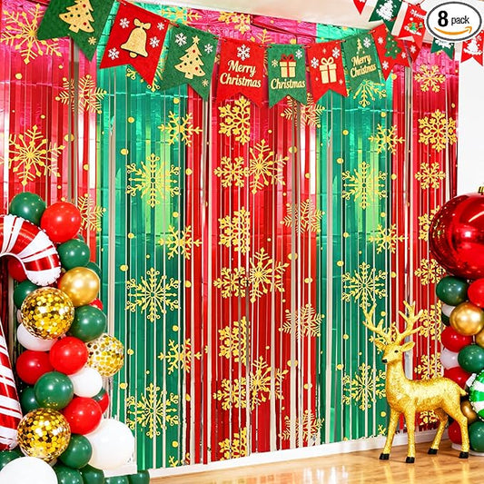 2 Packs Christmas Foil Fringe Curtain, Glitter Red Green Snowflake Metallic Tinsel Backdrop for Xmas Friendsmas Santa Claus Ugly Sweater New Years Eve Party Decoration Supplies