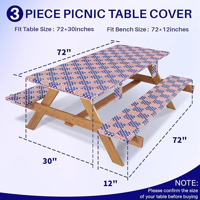 72In Picnic Table Cover with Bench Covers Fitted Stain Resistant Rectangular Table Cloth Campers Patio Garden Vacation Gear Cool Gifts for 40th 50th 60th 70th Grandparents Grandma Grandpa
