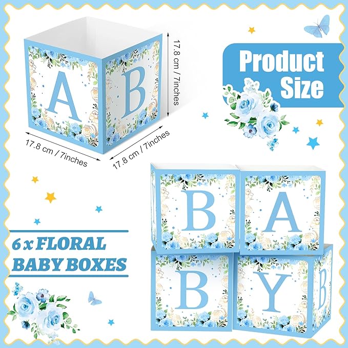 Bucherry 6 Pcs Baby Shower Centerpieces with Letters, 7" Baby Blocks Flower Boxes for Table Decorations, Gender Reveal Party Supplies & Photo Props(Blue,Blue Floral)