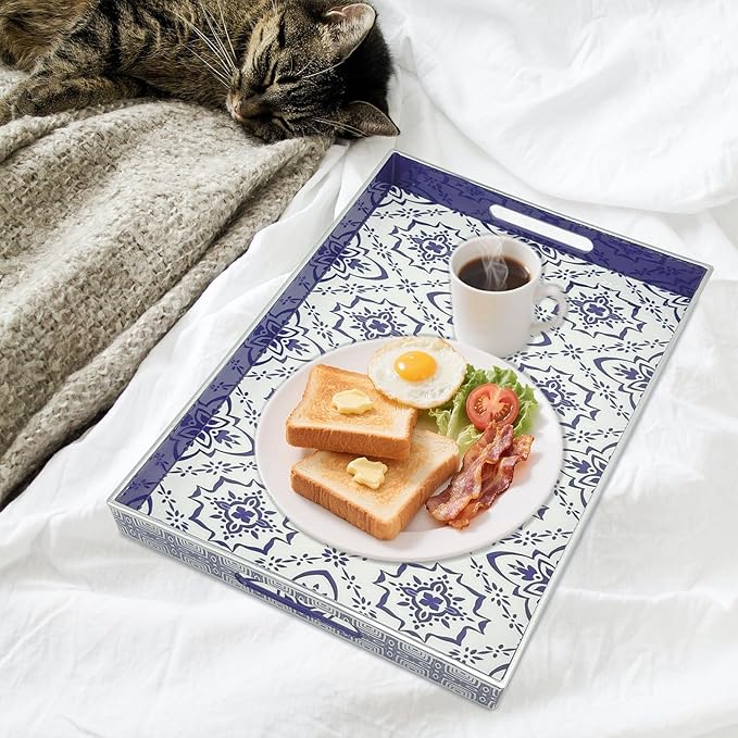 Serving Tray with Handles, 15.7 * 11.8 inches, Plastic Ottoman Tray with Exquisite Paintings, Trays for Coffee Table
